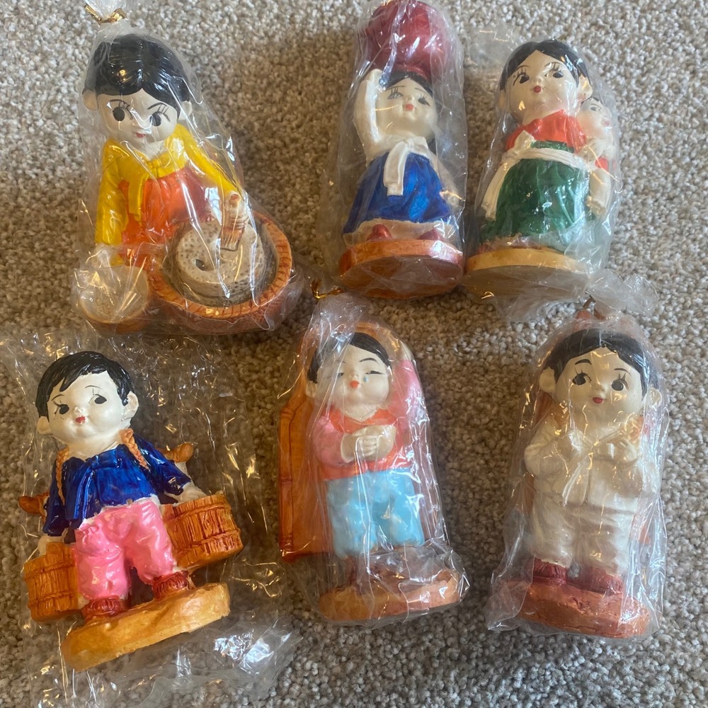 Vintage Korean Folk Art Figurines Set of 6 Traditional Hanbok Decor Hand Painted